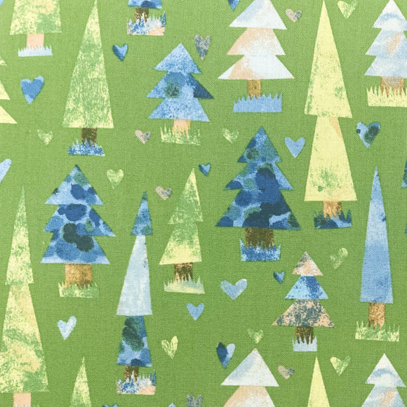 100% Cotton - Christmas Trees & Hearts on Green