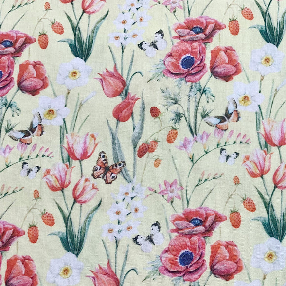 100% Cotton - Red Poppy & Tulips on Yellow Background