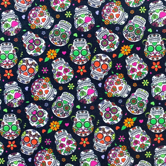 Halloween Fabric - Small Multicoloured Sugar Skulls - 100% Cotton