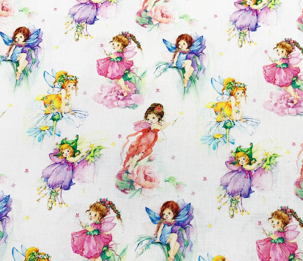 100% Cotton - Children's Fabric- Beautiful Multicoloured Fairies on White  - 60" wide