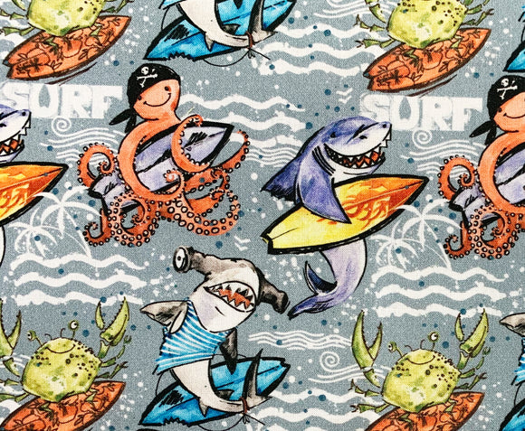 100% Cotton - Children's Fabric- Surfin' Squids & Sharks  - 60