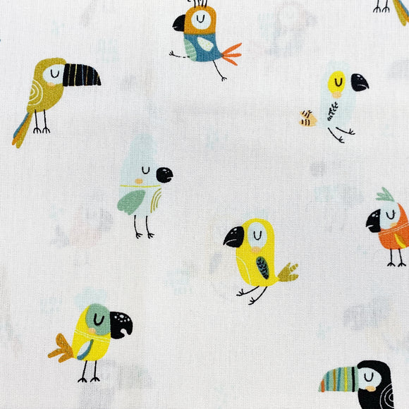 100% Cotton - Cute Tropical Birds Parrots on White Fabric