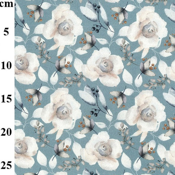 Cotton Canvas Fabric - White Roses on Delph Blue