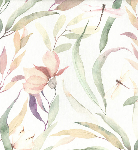 Cotton Canvas Fabric - Lily & Dragonfly on Ivory