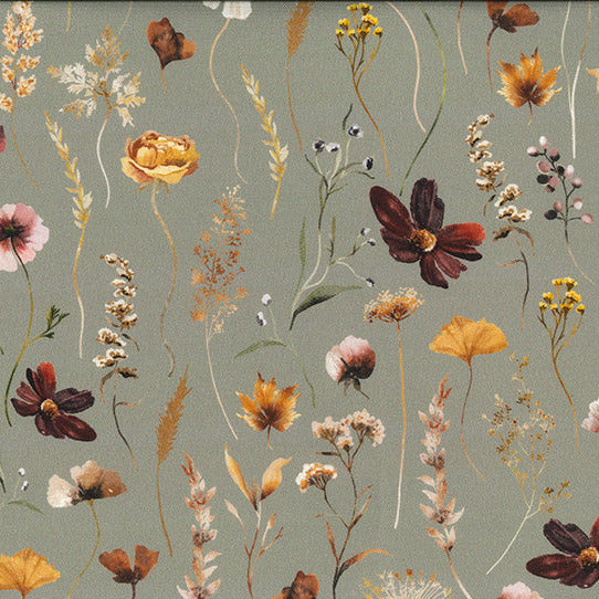 Cotton Canvas Fabric - Autumn Flowers on Sage Green - Craft Fabric Material
