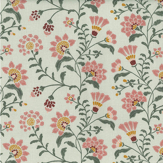 Cotton Canvas Fabric - Pink Flowers on Mint Green - Craft Fabric Material