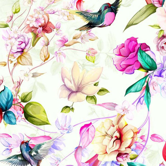 Cotton Fabric - Summer Magnolia Flowers & Hummingbird on Cream
