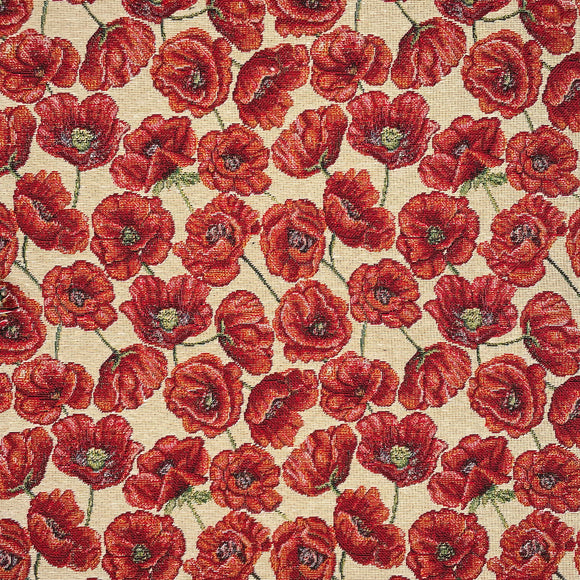 Upholstery Fabric - New World Tapestry - Red Poppies on Natural Background