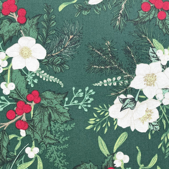 Christmas Fabric - White Flowers Mistletoe Holly & Red Berries on Green - 100% Cotton Fabric