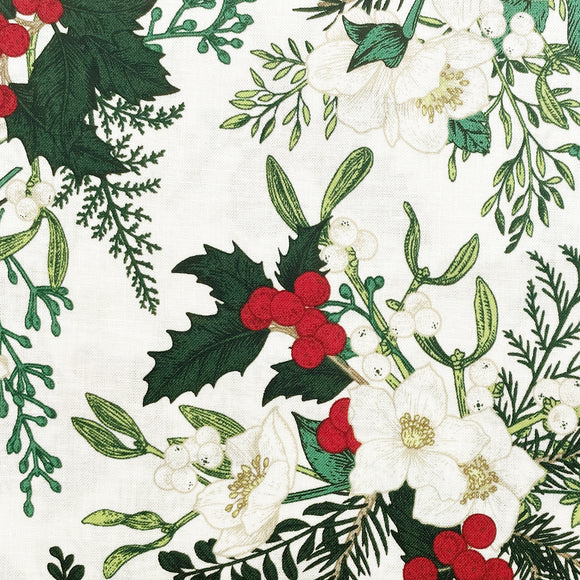 Christmas Fabric - White Flowers Mistletoe Holly & Red Berries on Ivory- 100% Cotton Fabric