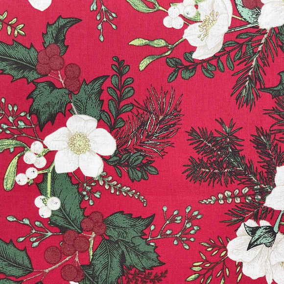 Christmas Fabric - White Flowers Mistletoe Holly & Red Berries on Red- 100% Cotton Fabric