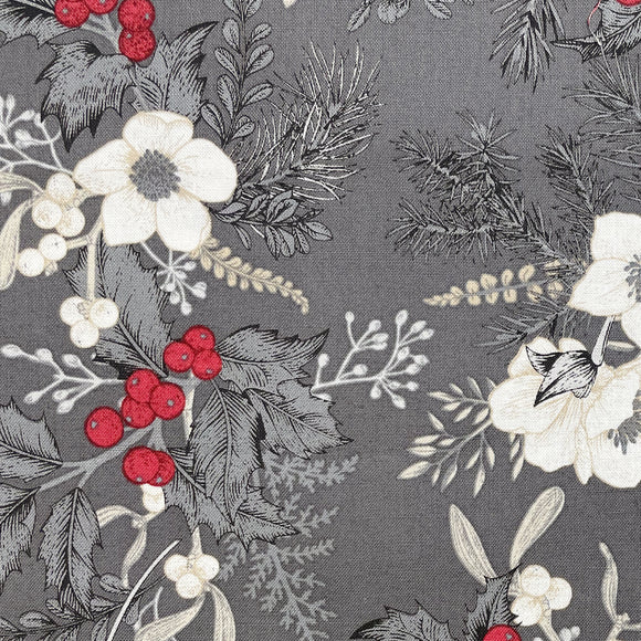 Christmas Fabric - White Flowers Mistletoe Holly & Red Berries on Silver Grey- 100% Cotton Fabric