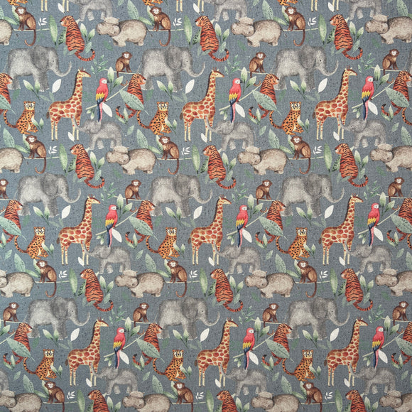 Cotton Panama Canvas Fabric - Rainforest Animals on Steel Grey Background