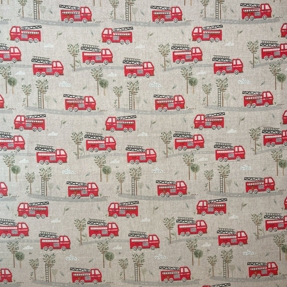 Cotton Panama Canvas Fabric - Red Fire Engines on Linen Background
