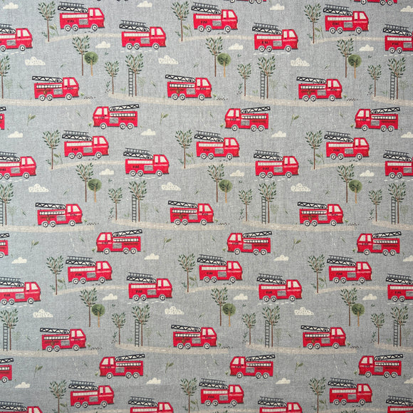 Cotton Panama Canvas Fabric - Red Fire Engines on Grey Background