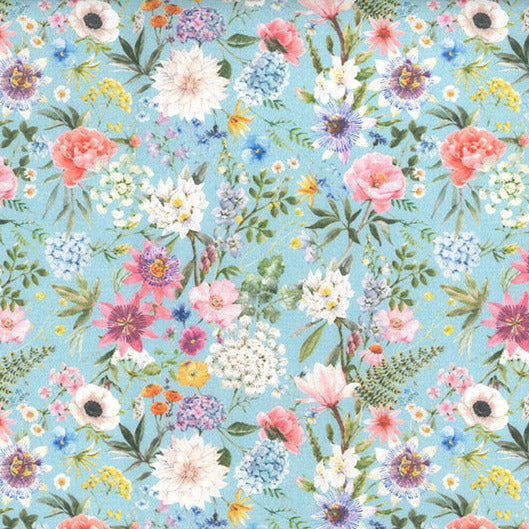 Rose & Hubble Digital Cotton Prints - Pretty Spring Floral on Aqua Blue