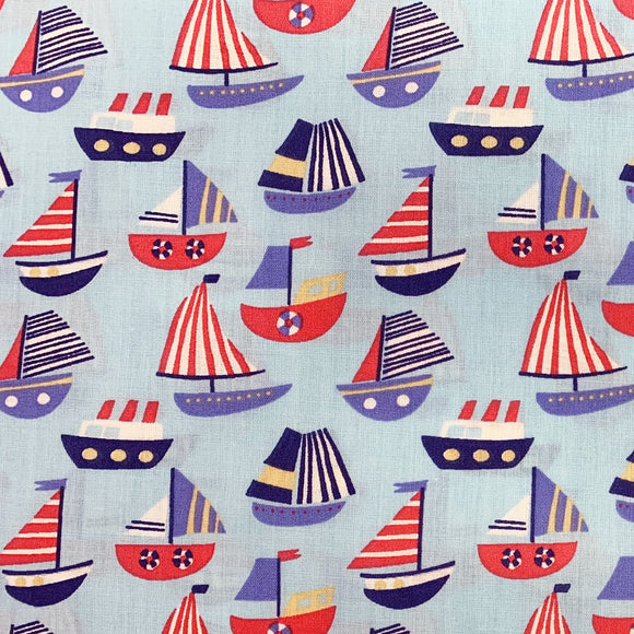 Childrens Fabric ~ Blue Red White Sail Boats on Blue ~ Polycotton Prints