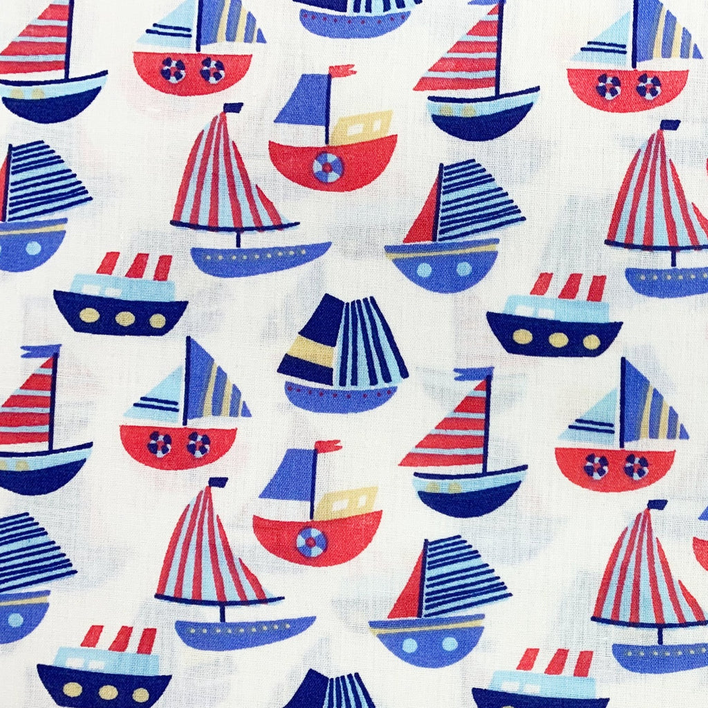 Childrens Fabric ~ Blue Red White Sail Boats on White ~ Polycotton Prints