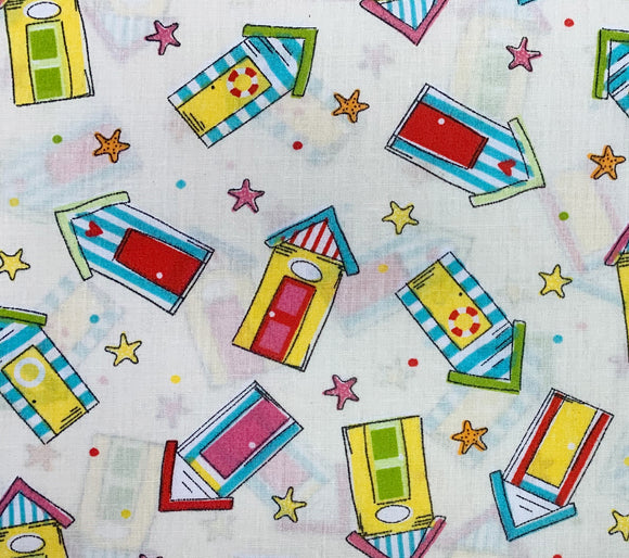 Childrens Fabric ~ Beach Huts & Star Fish on Cream ~ Polycotton Prints