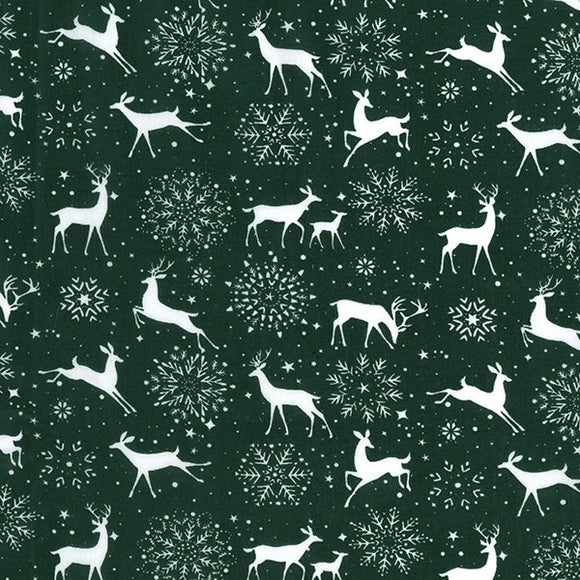 Christmas Fabric - Reindeers & Snowflakes on Green - Polycotton Prints