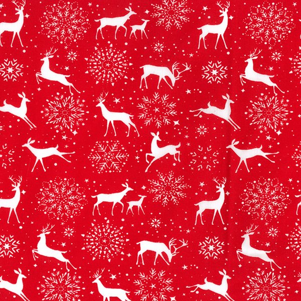 Christmas Fabric - Reindeers & Snowflakes on Red - Polycotton Prints