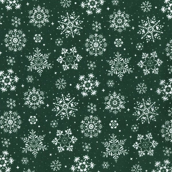 Christmas Fabric - White Snowflakes on Green - Polycotton Prints