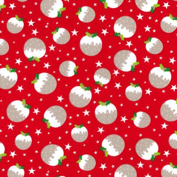 Christmas Fabric - Christmas Puddings on Red - Polycotton Prints