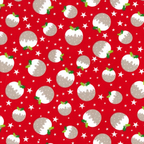 Christmas Fabric - Christmas Puddings on Red - Polycotton Prints