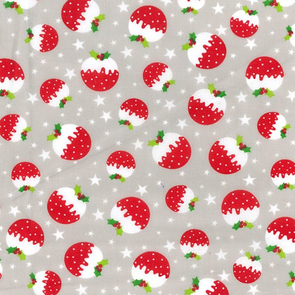 Christmas Fabric - Christmas Puddings on Silver - Polycotton Prints