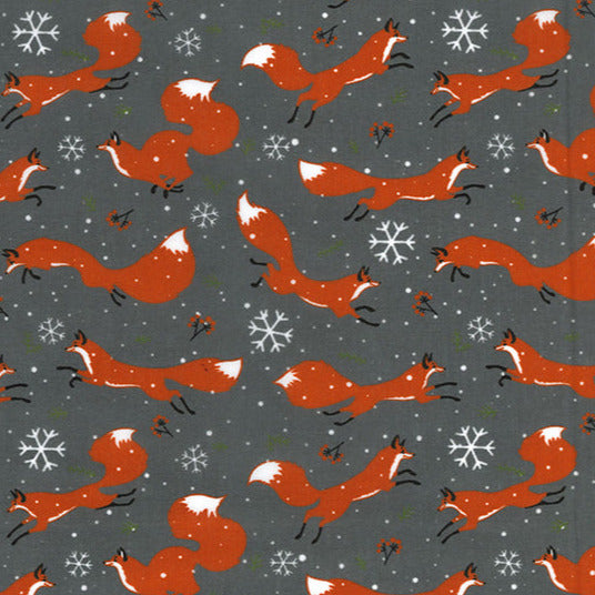 Christmas Fabric - Fox & Snowflake Grey - Polycotton Prints