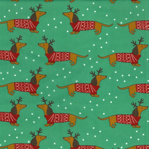 Christmas Fabric - Cute Dachshund Dogs on Green - Polycotton Prints