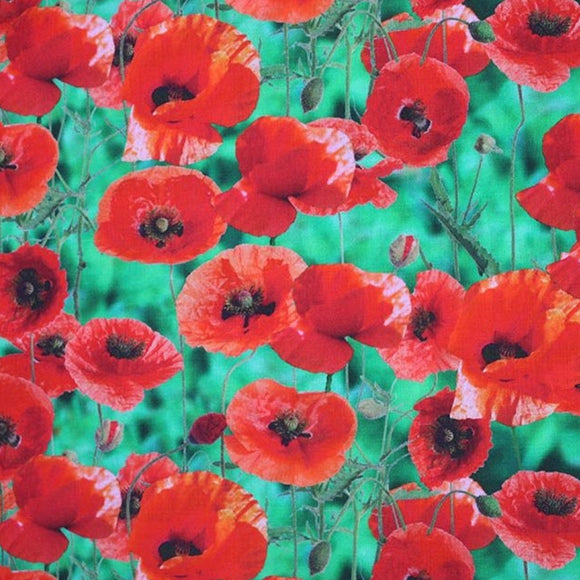100% Cotton - Beautiful Red Poppies on Green  - 60