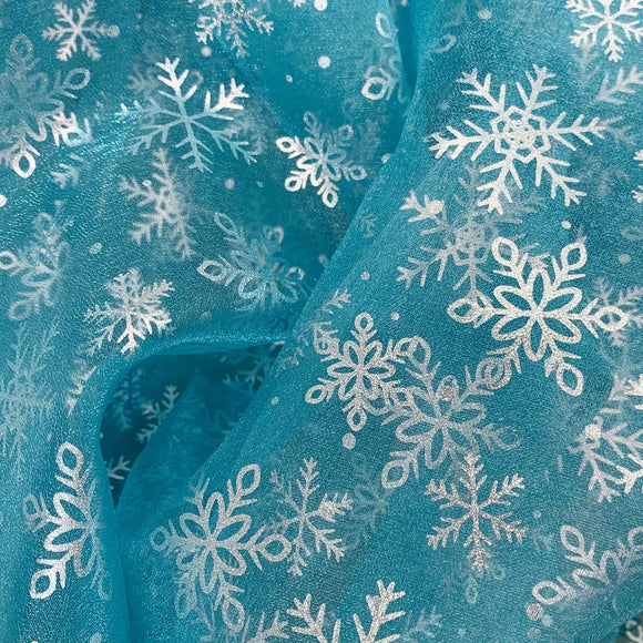 Christmas Organza Fabric - Blue & Silver Foil Snowflake Print