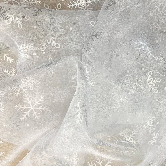 Christmas Organza Fabric - White & Silver Foil Snowflake Print