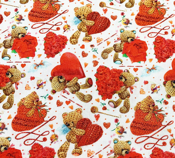 Valentine's Day Fabric - Teddy Bears, Red Love Hearts & Roses Print - 100% Cotton