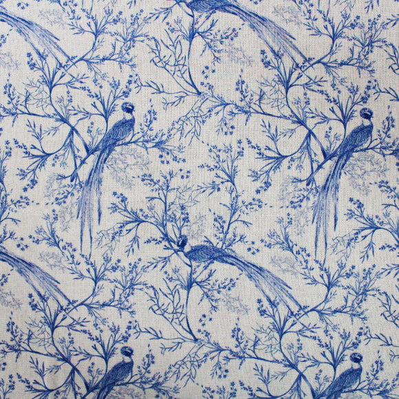 Linen Mix Fabric - Blue Jay Bird Print