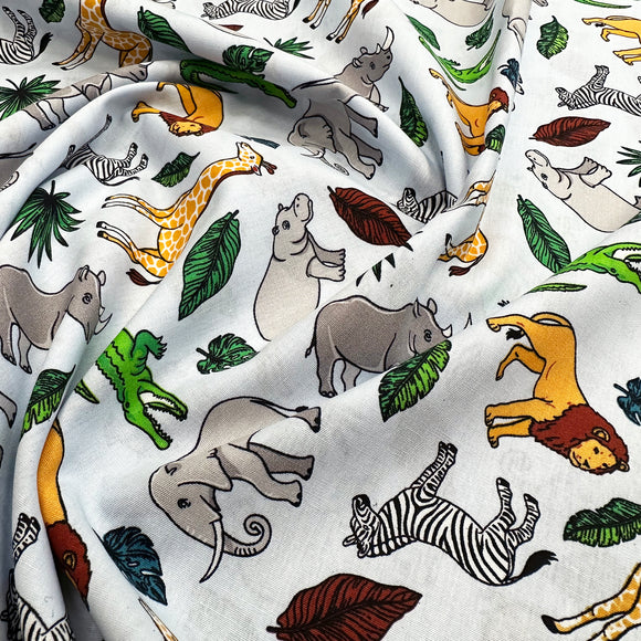 Cotton Poplin Fabric - Zoo Safari Animal on Sky Blue