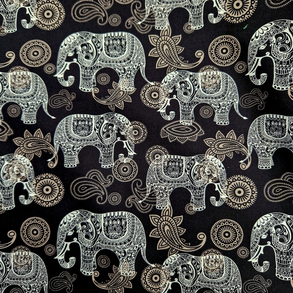 Cotton Fabric - Black Paisley Mandala Elephant Print Craft Fabric Material