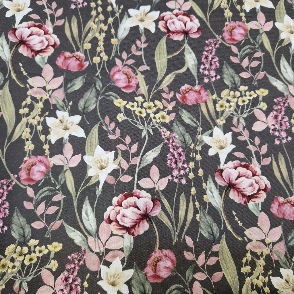 Cotton Canvas Fabric - Pink White & Yellow Floral Design on Olive Green