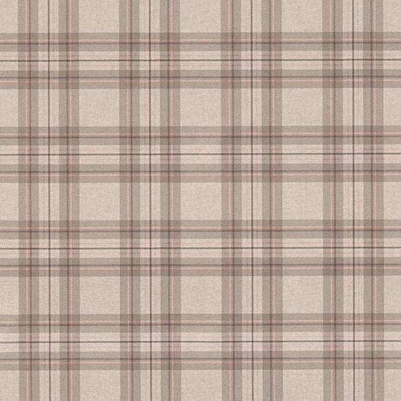 Linen Look Canvas Fabric - Rose Pink & Beige Tartan Check - Upholstery Cushion Curtain Craft Fabric