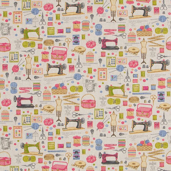 Linen Look Canvas - Sewing Machines Print - Upholstery Cushion Curtain Craft Fabric