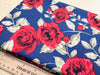Cotton Fabric - Red Rose on Navy Blue - Floral Print Craft Fabric Material