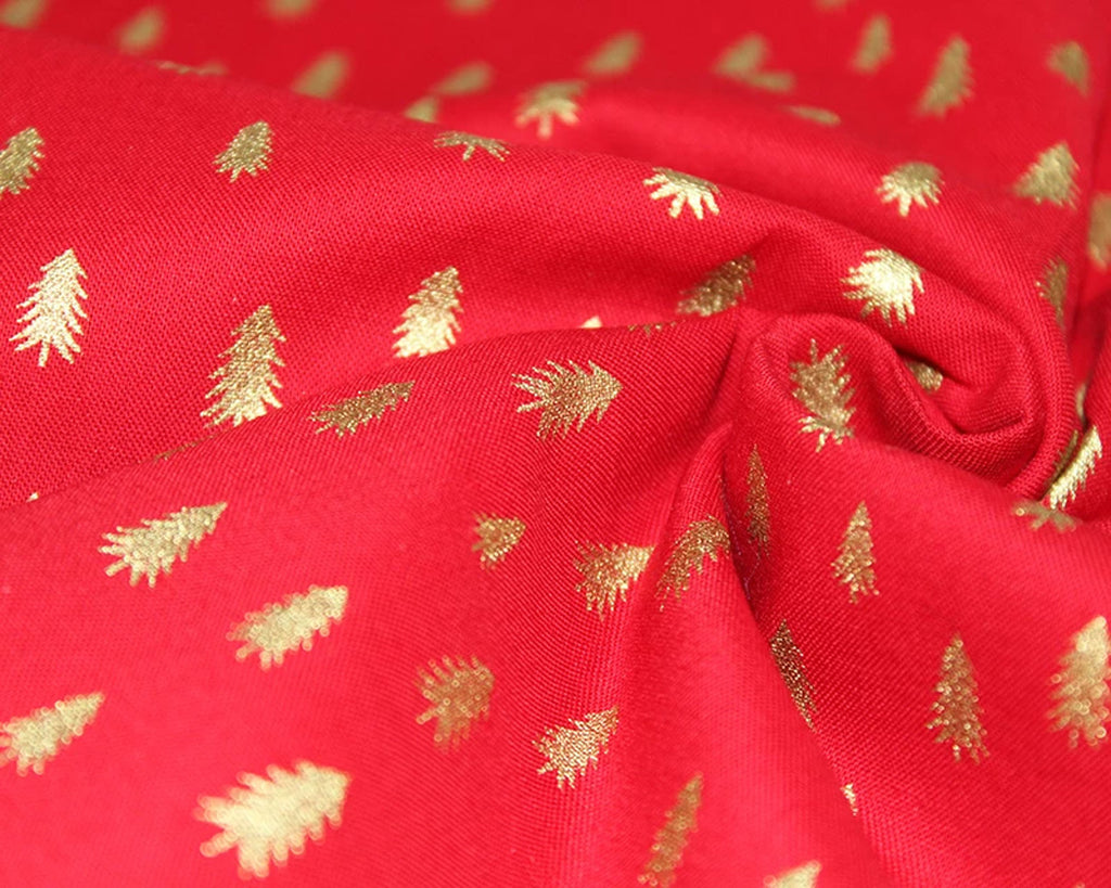 Christmas Fabric - Metallic Gold Trees on Red - Xmas Craft Fabric