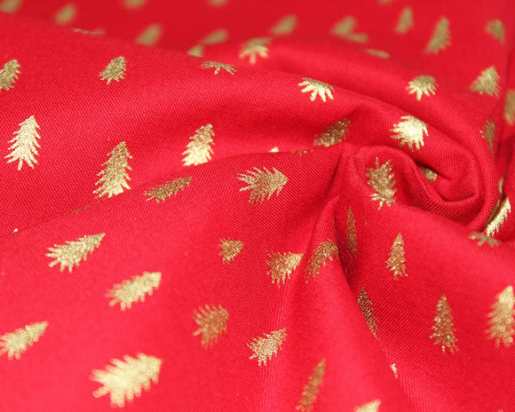 Christmas Fabric - Metallic Gold Trees on Red - Xmas Craft Fabric