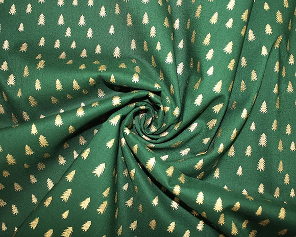 Christmas Fabric - Metallic Gold Trees on Green - Craft Fabric