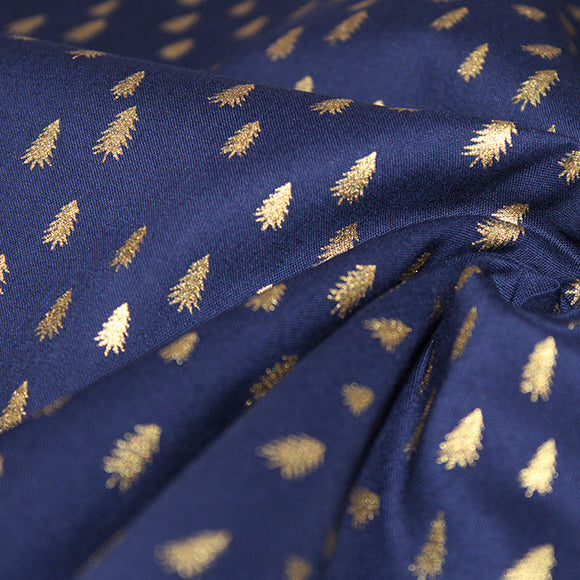 Christmas Fabric - Metallic Gold Trees on Navy Blue - Craft Fabric