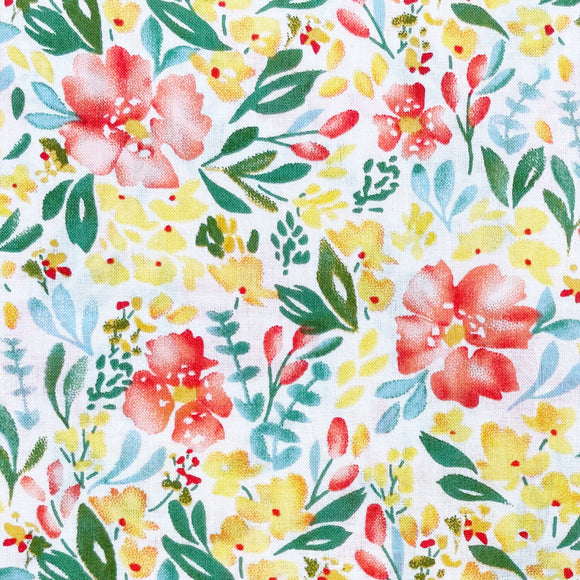 Cotton Lawn Fabric - Watercolour Floral Roses - Yellow