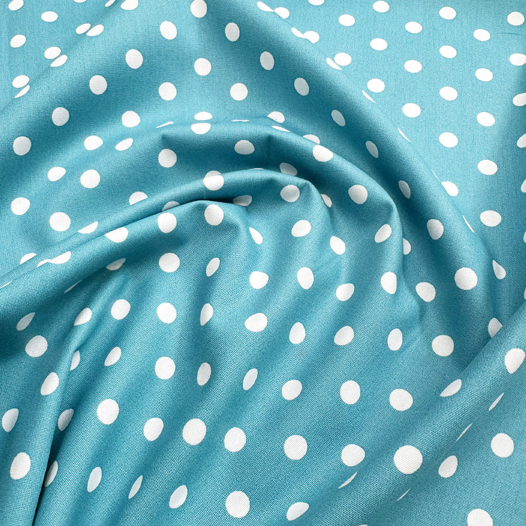 Cotton Fabric - Turquoise & White Polka Dot Spotty - Craft Fabric Material