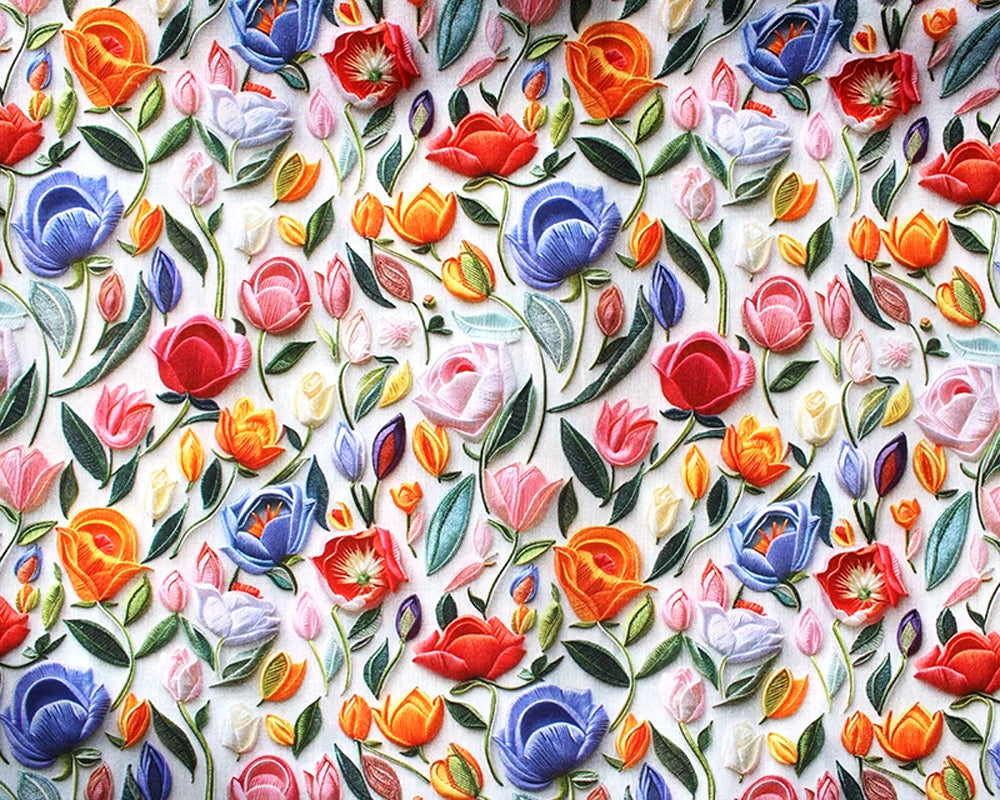 Cotton Fabric- 3D Embroidered Floral Print - Little Johnny -Craft Fabric Material