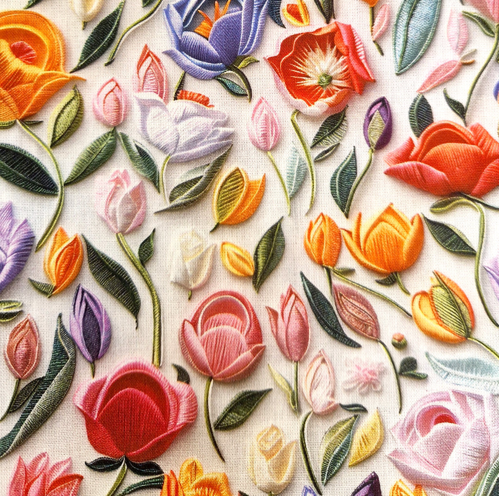 Cotton Fabric - 3D Embroidered Floral Print - Little Johnny - Craft Fabric Material